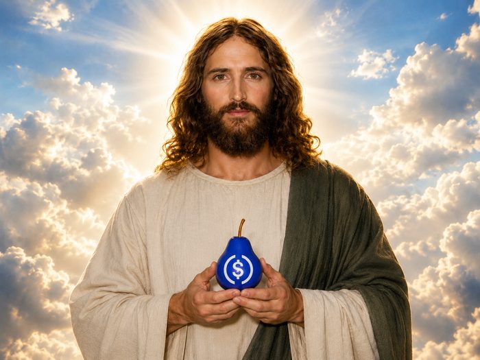 Jesus holding the USDC pear